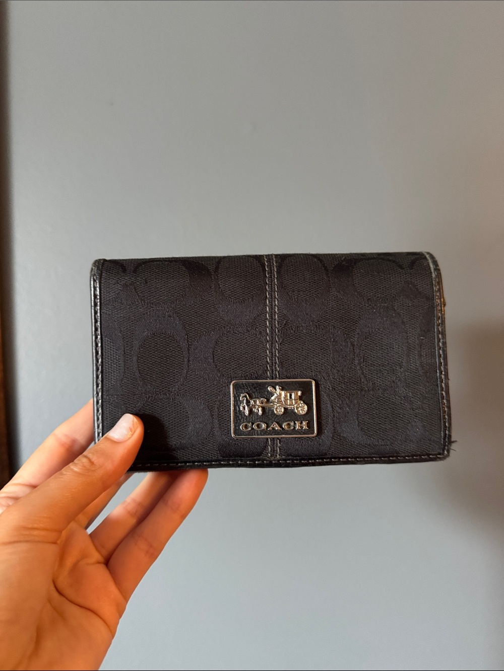 Coach Black Signature Canvas Card Wallet with Horse & Carriage Emblem